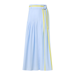 Pleated Striped Cotton Chambray Midi Skirt with Belt